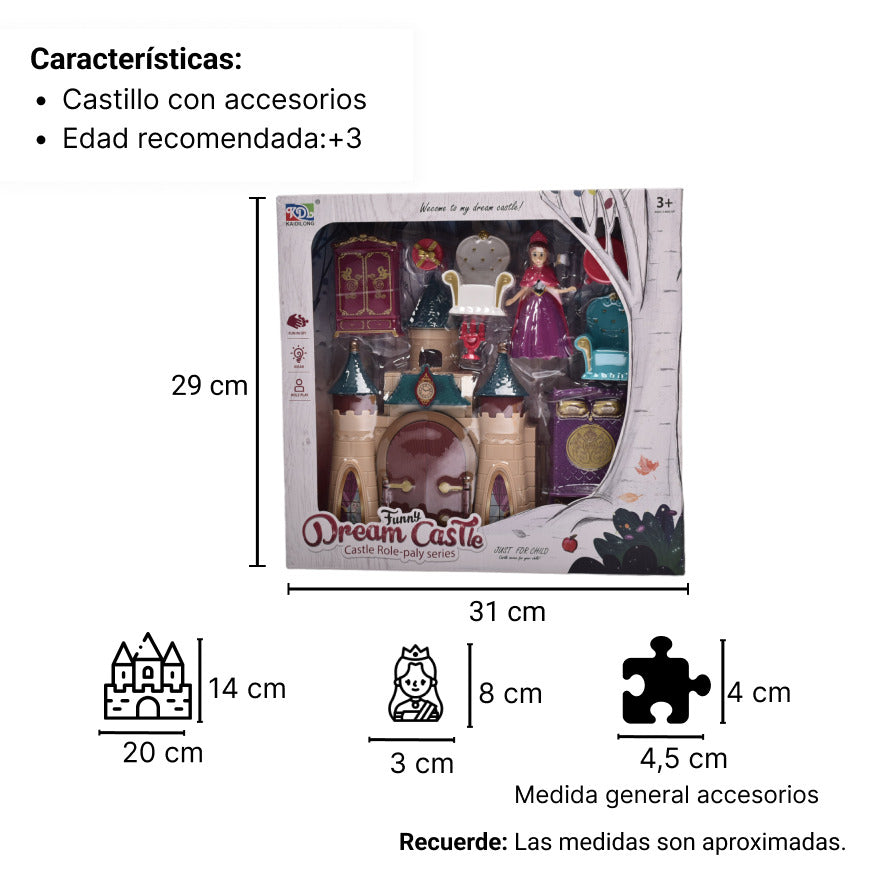 castillo de princesas con accesorios dim: 30x28x7