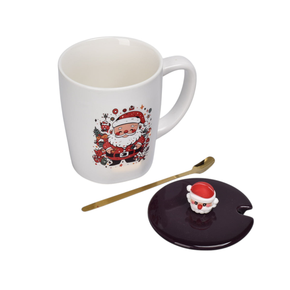 mug pocillo con tapa ceramica y cuchara 420ml navidad dim:9x9x10