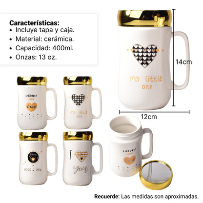 MUG POCILLO CERAMICA DISEÑO CORAZONES CON TAPA 400ML