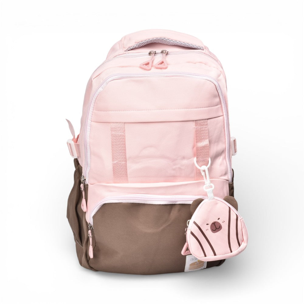maleta morral negro rosado y lila poliester dim:45x30x12