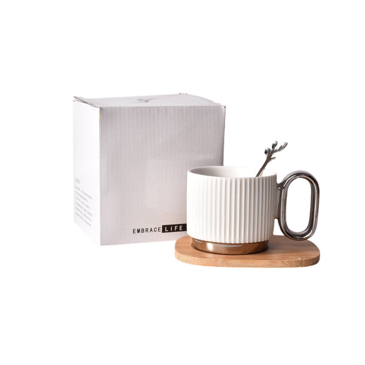 mug pocillo ceramica con cuchara y base madera