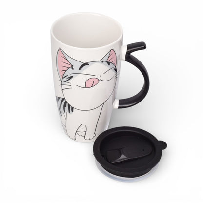 MUG POCILLO CERAMICA DISEÑOS GATOS CON TAPA DE 550ML
