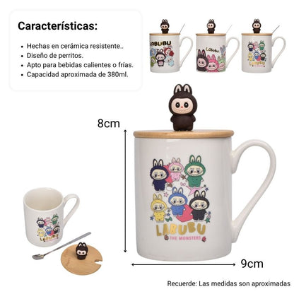 MUG POCILLO CERAMICA CON TAPA DE MADERA PERSONAJE 350ML DIM:8X8X9