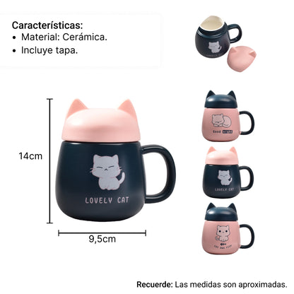 MUG POCILLO CERAMICA CON TAPA DISEÑO GATO