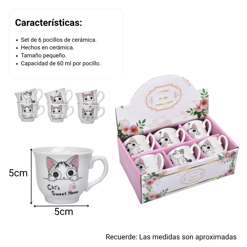 pocillo set x 6 pzas ceramica 60ml diseño de gato dim:5x5x6