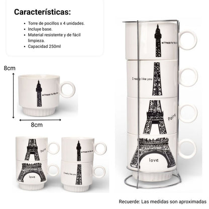 POCILLO SET 4PCS CERAMICA CON BASE 250ML DIM:8X8X7