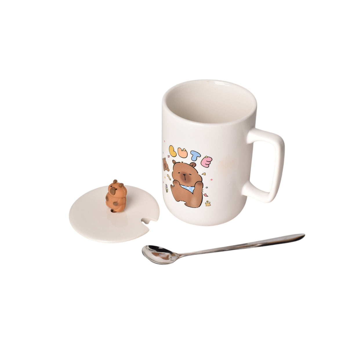 mug pocillo con tapa cuchara ceramica diseños capybara 500ml