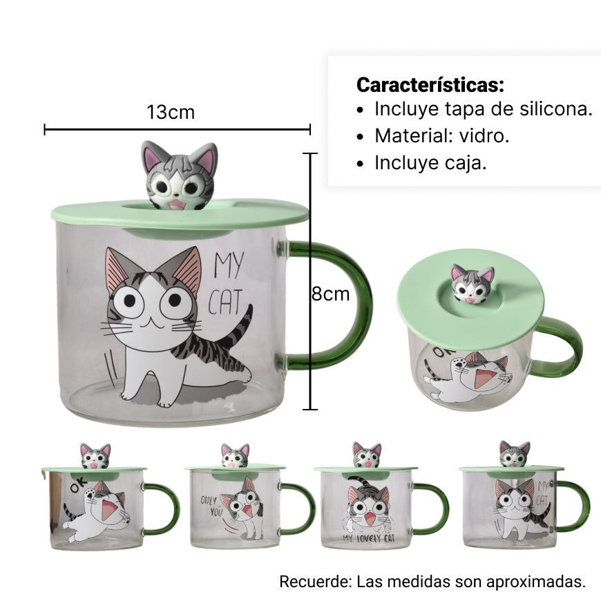 mug pocillo transparente diseño de gatos en vidrio con tapa