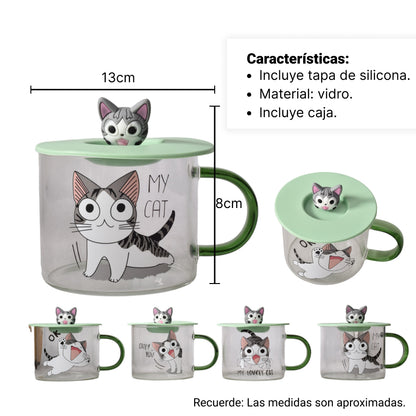 MUG POCILLO TRANSPARENTE DISEÑO DE GATOS EN VIDRIO CON TAPA