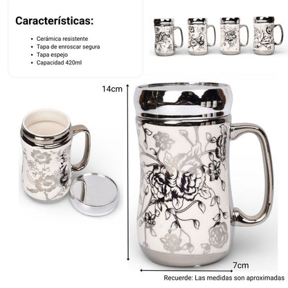 MUG POCILLO CERAMICA PLATEADO TAPA ESPEJO 420ML DIM:7X7X14