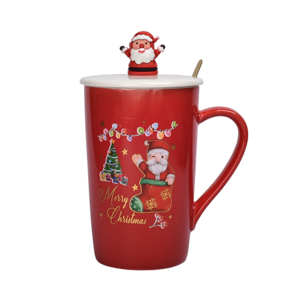 mug pocillo con tapa y  cuchara de ceramica navidad 420ml dim:8x8x12