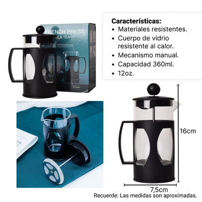 CAFETERA PRENSA FRANCESA PLASTICO Y VIDRIO 360ml DIM:7*7*16