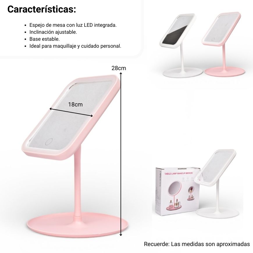 espejo recargable con luz cuadrado plastico dim: 13x39x17
