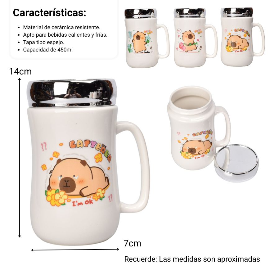mug pocillo ceramica tapa espejo capybara 450ml