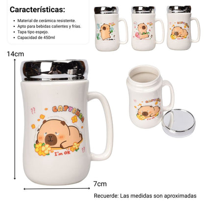 MUG POCILLO CERAMICA TAPA ESPEJO CAPYBARA 450ML