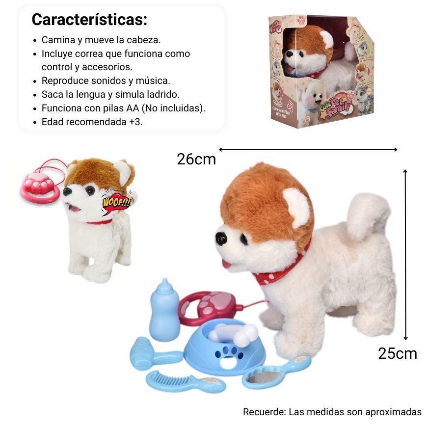 juguete con movimiento y sonido perro cafe con blanco peluche dim:25x12x26