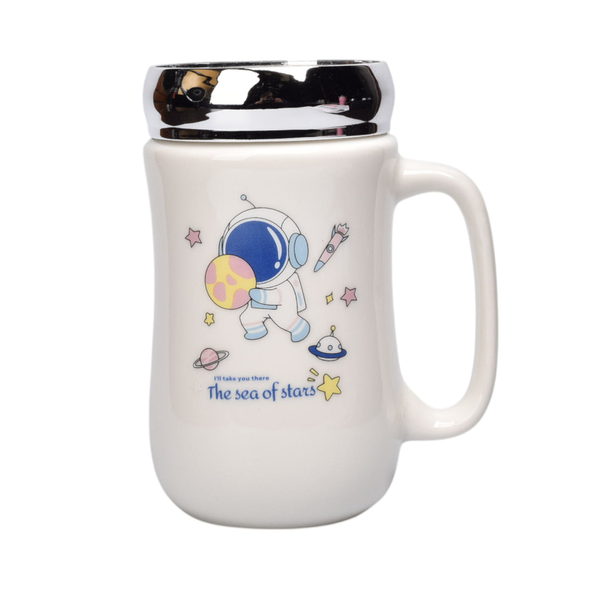 pocillo ceramica diseño astronauta con tapa 450ml dim:7x14